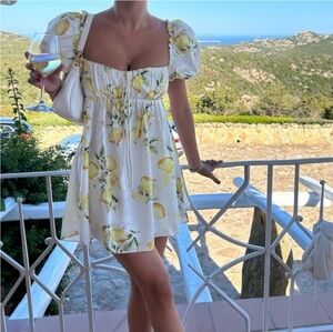 For Love And Lemons Seraphina Lemon Print Puff Sleeve Satin Mini Dress NWT